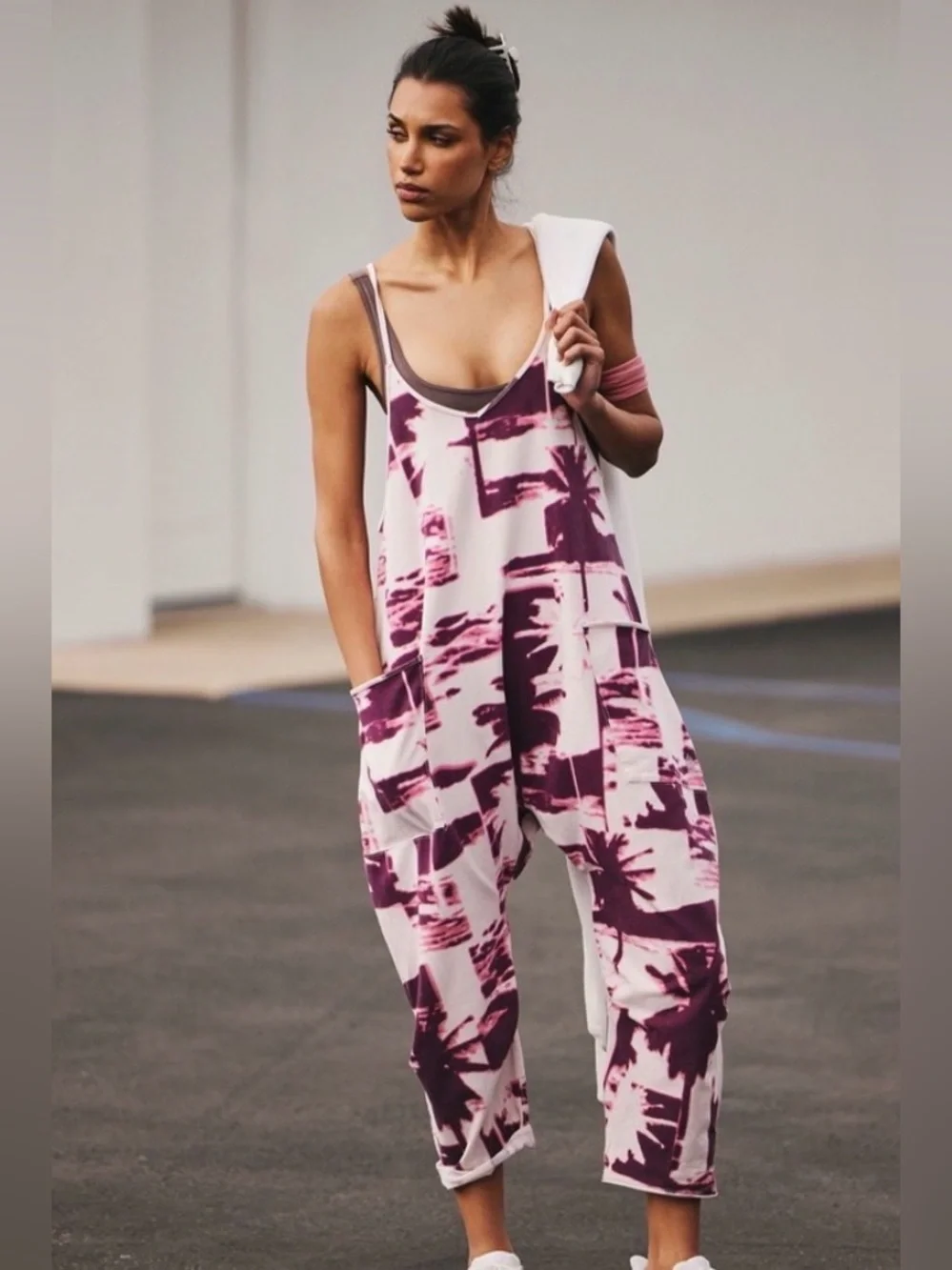 FP Movement by Free People Hot Shot Printed Onesie - Palmy Beach Night Pink - S - Picture 1 of 5